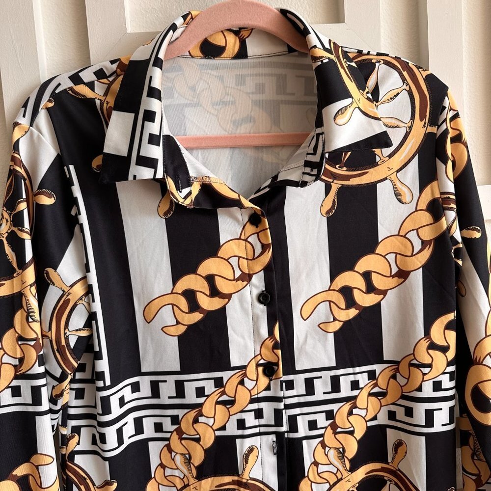 Womens Print Button Down Collar Long Sleeve Shirt Mini Dress - Picture 3 of 3